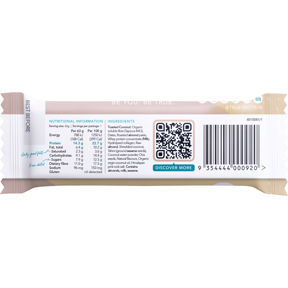 Back of True Protein Toasted Coconut Bar wrapper showing nutrition facts, ingredients, and allergen information.