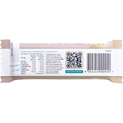 Back of True Protein Toasted Coconut Bar wrapper showing nutrition facts, ingredients, and allergen information.