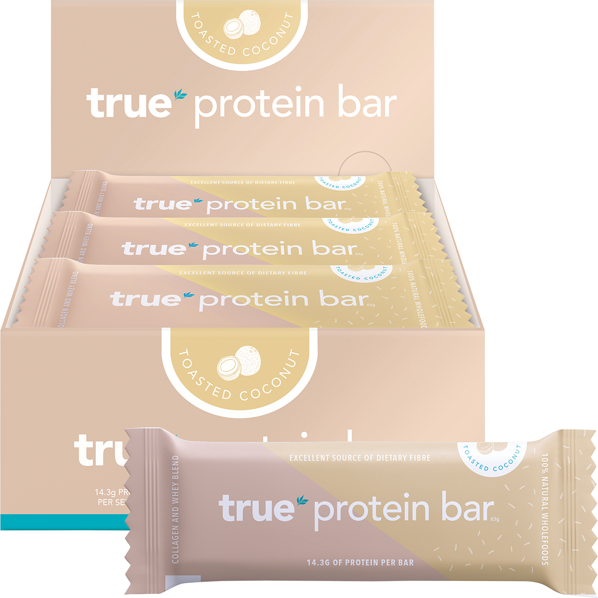 Toasted Coconut True Protein Bar shown as a single wrapped 63g bar next to its display box of 12.