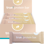 Toasted Coconut True Protein Bar shown as a single wrapped 63g bar next to its display box of 12.