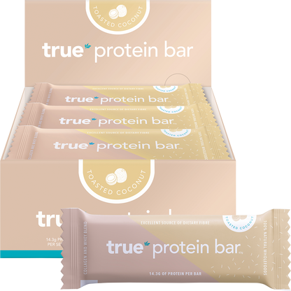 Toasted Coconut True Protein Bar shown as a single wrapped 63g bar next to its display box of 12.
