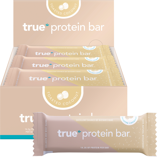 Toasted Coconut True Protein Bar shown as a single wrapped 63g bar next to its display box of 12.