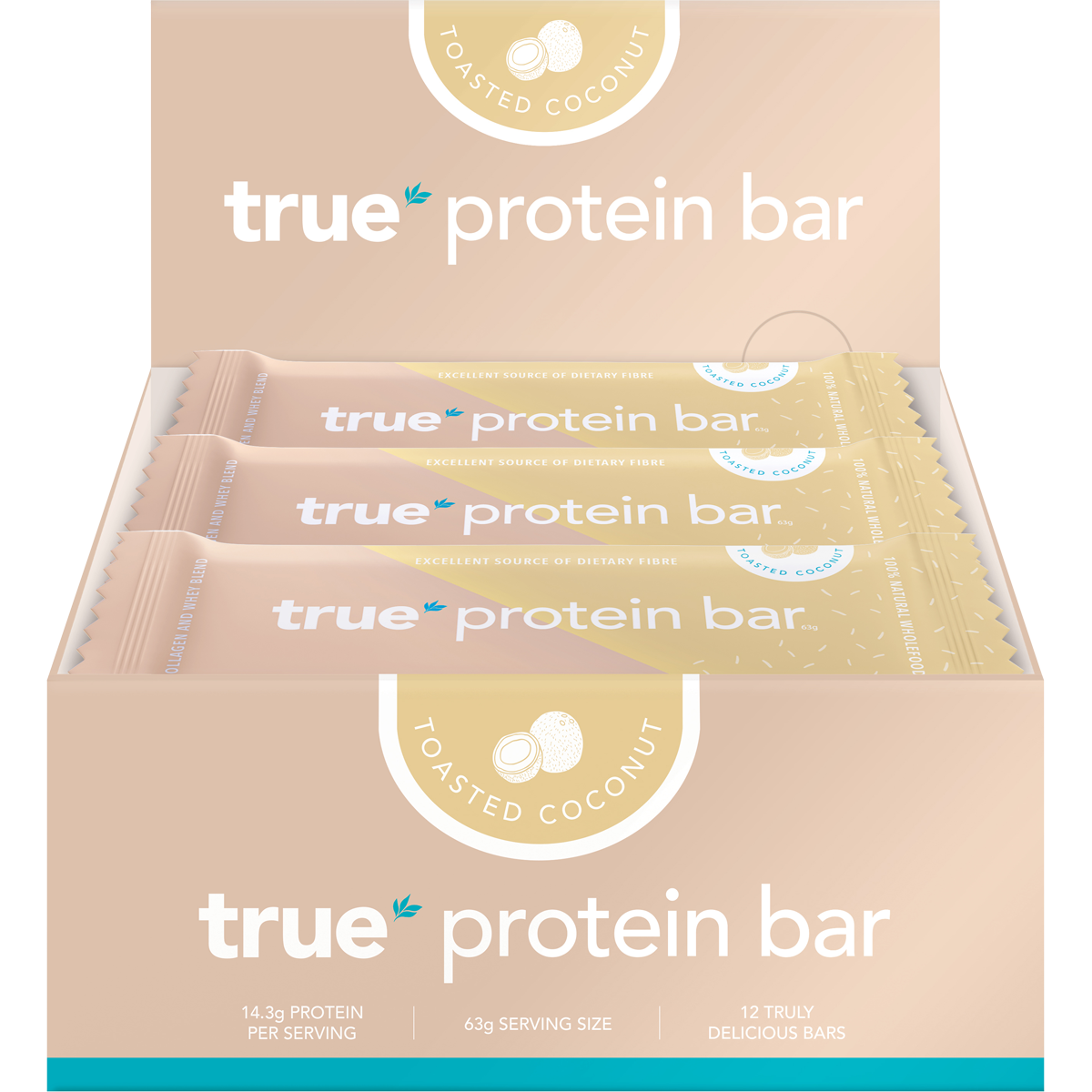 Open box of True Protein Toasted Coconut Bars showing 12 individually wrapped 63g bars in blue and white packaging.