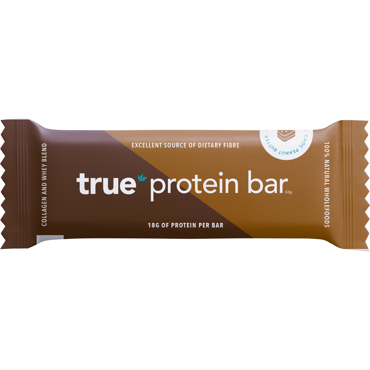 True Protein Choc Peanut Butter bar (63g) with natural whole foods, whey, and collagen on a white background.
