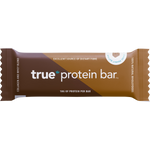 True Protein Choc Peanut Butter bar (63g) with natural whole foods, whey, and collagen on a white background.