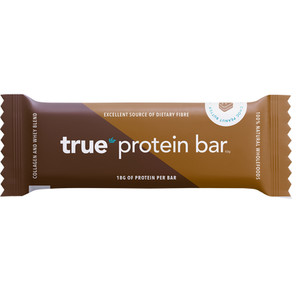 True Protein Choc Peanut Butter bar (63g) with natural whole foods, whey, and collagen on a white background.