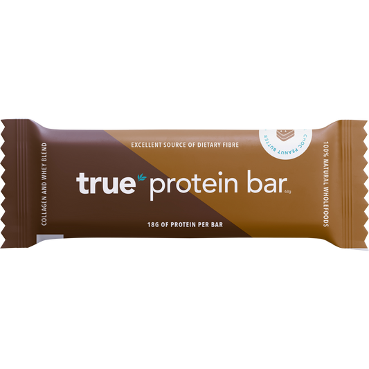 True Protein Choc Peanut Butter bar (63g) with natural whole foods, whey, and collagen on a white background.