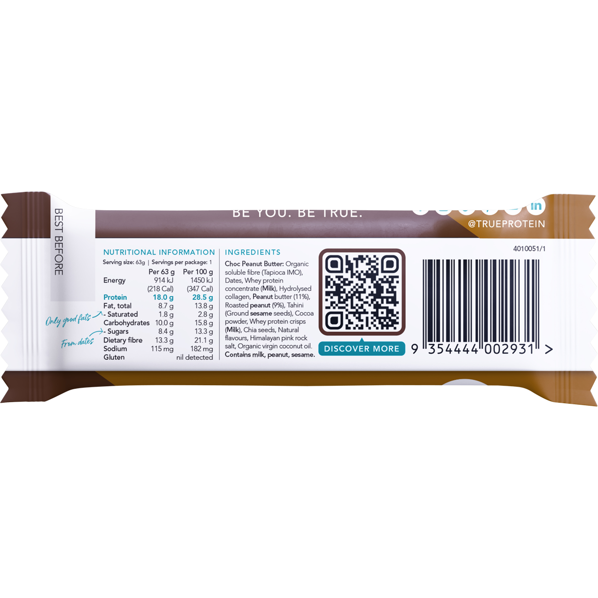 Back of True Protein Choc Peanut Butter bar pack with nutrition facts, ingredients, and allergen information.