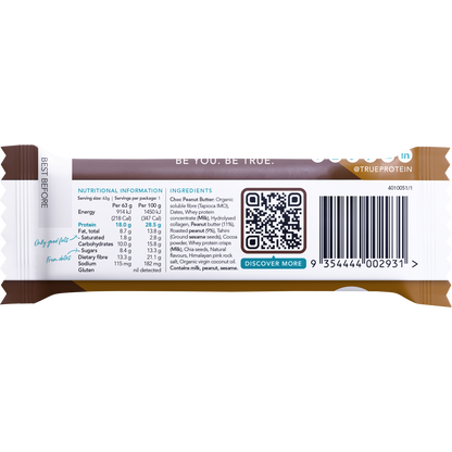 Back of True Protein Choc Peanut Butter bar pack with nutrition facts, ingredients, and allergen information.
