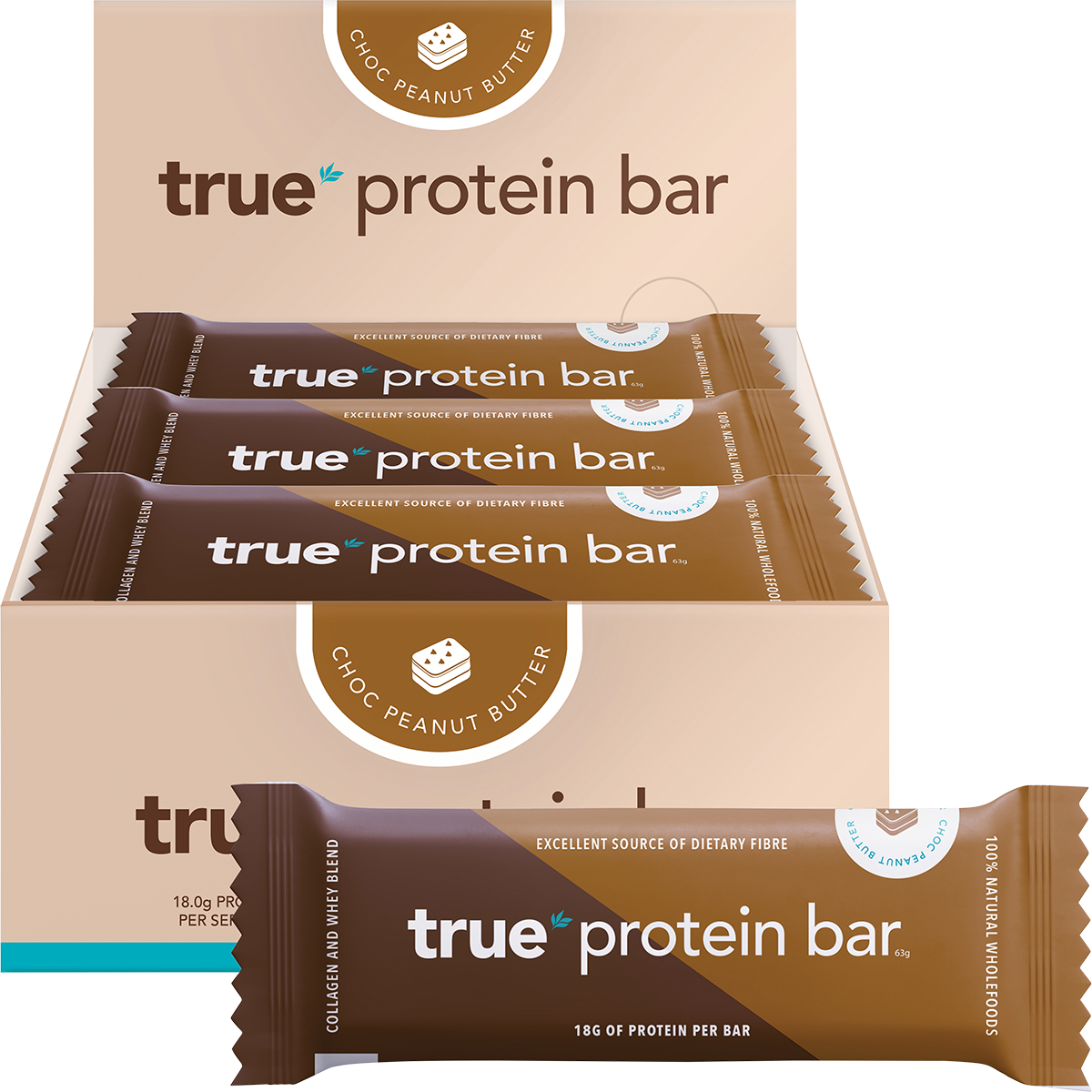True Protein Choc Peanut Butter 12-pack display box, individual 63g bar, and loose peanuts on a white background.