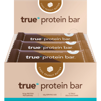 Display box of 12 True Protein Choc Peanut Butter bars (63g) with a white and orange label.