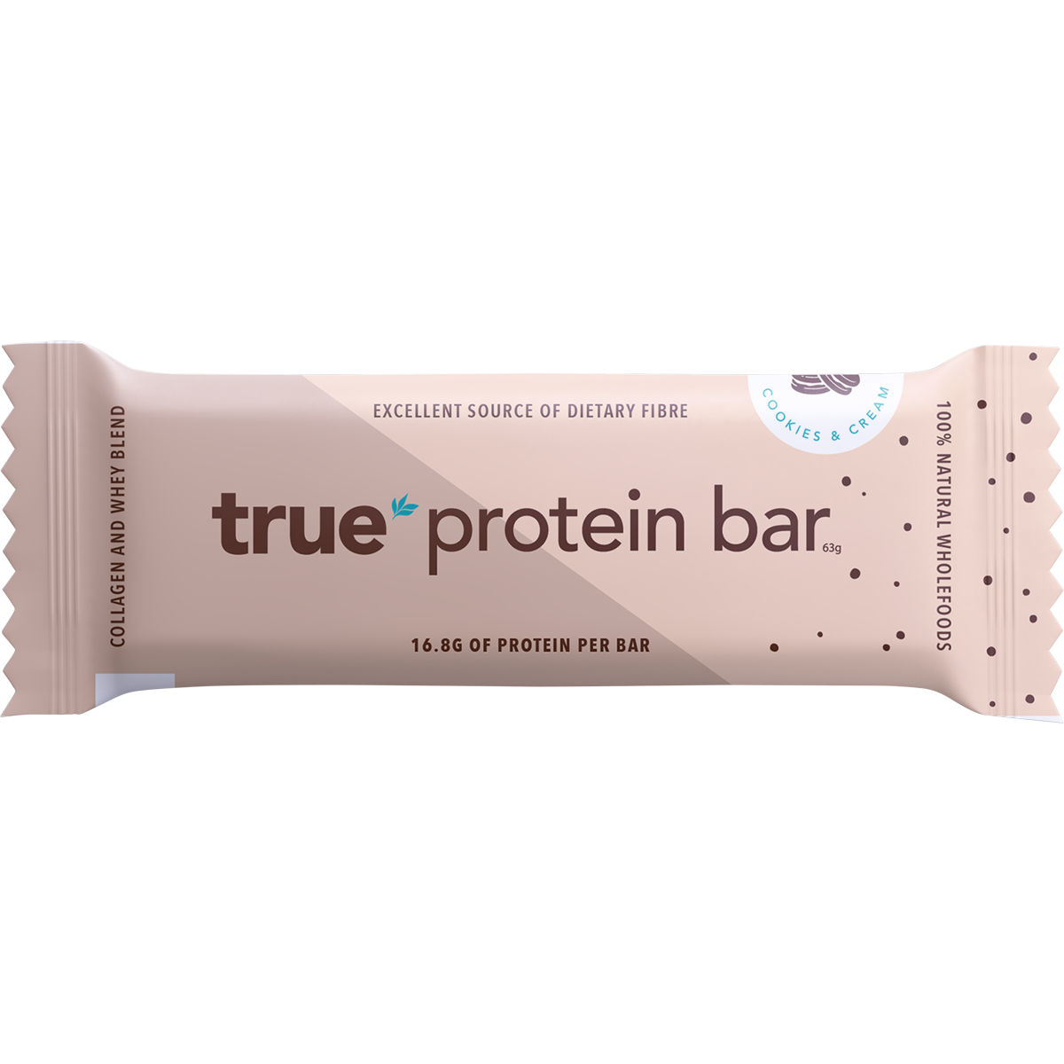 True Protein cookies and cream protein bar in blue and white packaging with a 63g serving size.
