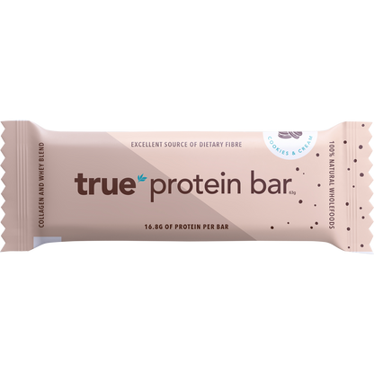True Protein cookies and cream protein bar in blue and white packaging with a 63g serving size.