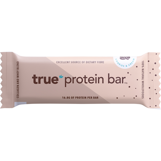 True Protein cookies and cream protein bar in blue and white packaging with a 63g serving size.