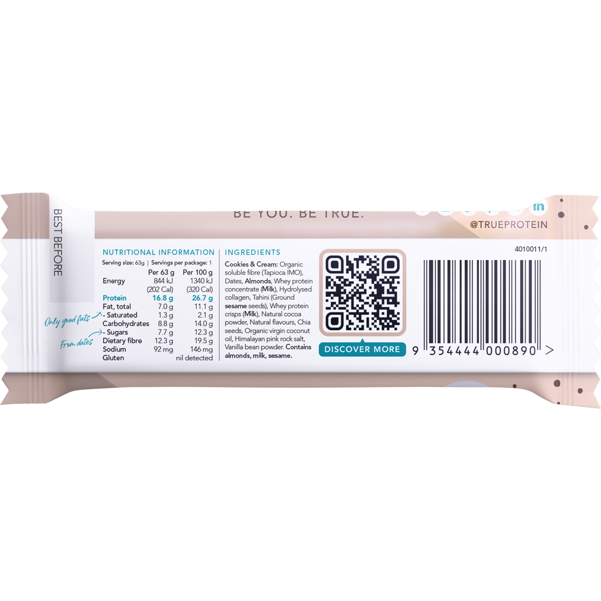 Back of True Protein Cookies & Cream bar showing ingredients, nutrition facts, and 63g serving size.