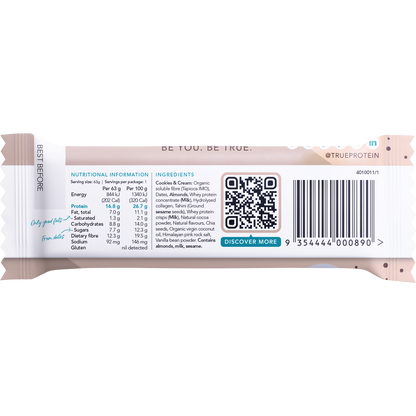 Back of True Protein Cookies & Cream bar showing ingredients, nutrition facts, and 63g serving size.
