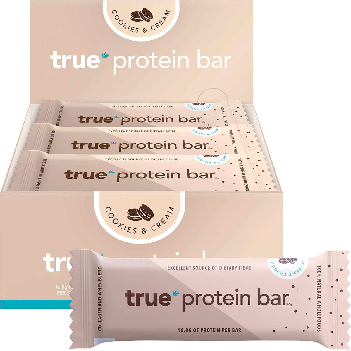 True Protein Cookies & Cream bar and display box on a white background with loose cookies and cream pieces.