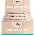 Retail display box of True Protein Cookies and Cream protein bars with blue and white branding on a white background.
