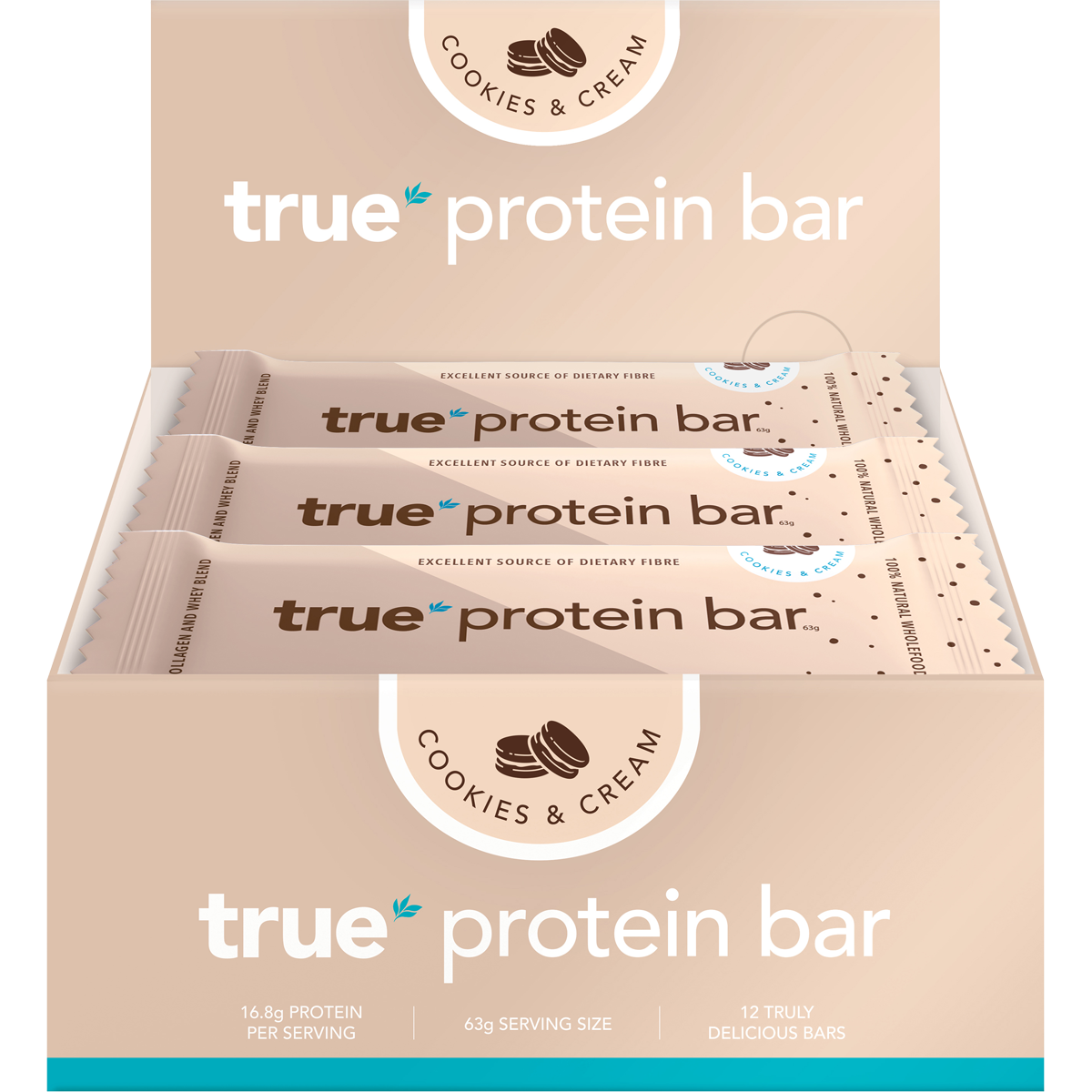 Retail display box of True Protein Cookies and Cream protein bars with blue and white branding on a white background.