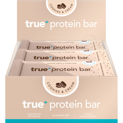 Retail display box of True Protein Cookies and Cream protein bars with blue and white branding on a white background.