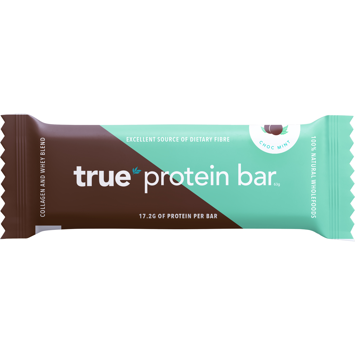 True Protein Choc Mint protein bar in a dark wrapper with mint-colored accents and a 20g protein label.