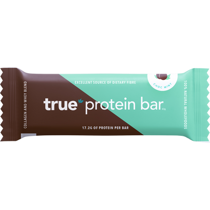 True Protein Choc Mint protein bar in a dark wrapper with mint-colored accents and a 20g protein label.