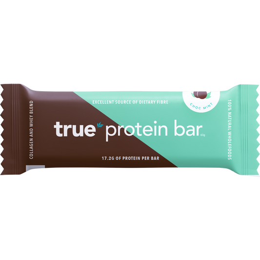 True Protein Choc Mint protein bar in a dark wrapper with mint-colored accents and a 20g protein label.