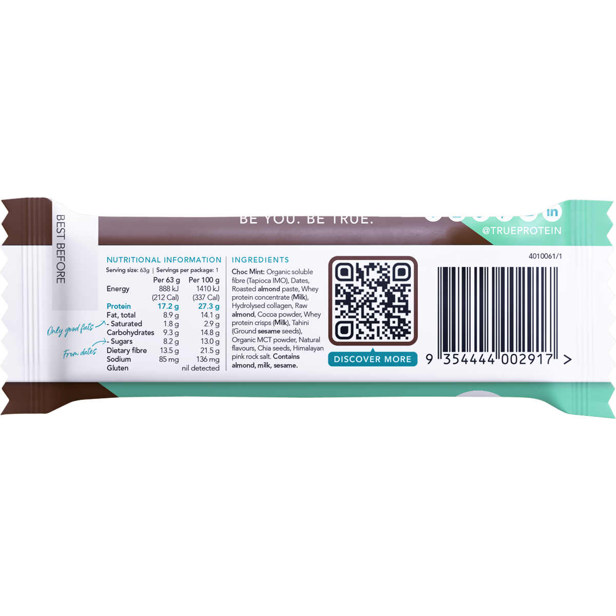 Back of True Protein Choc Mint bar wrapper showing nutrition facts, ingredients, and allergen information.
