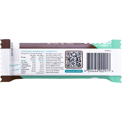 Back of True Protein Choc Mint bar wrapper showing nutrition facts, ingredients, and allergen information.