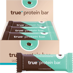 12-pack box and individual True Protein Choc Mint bar shown with mint leaves and chocolate pieces.