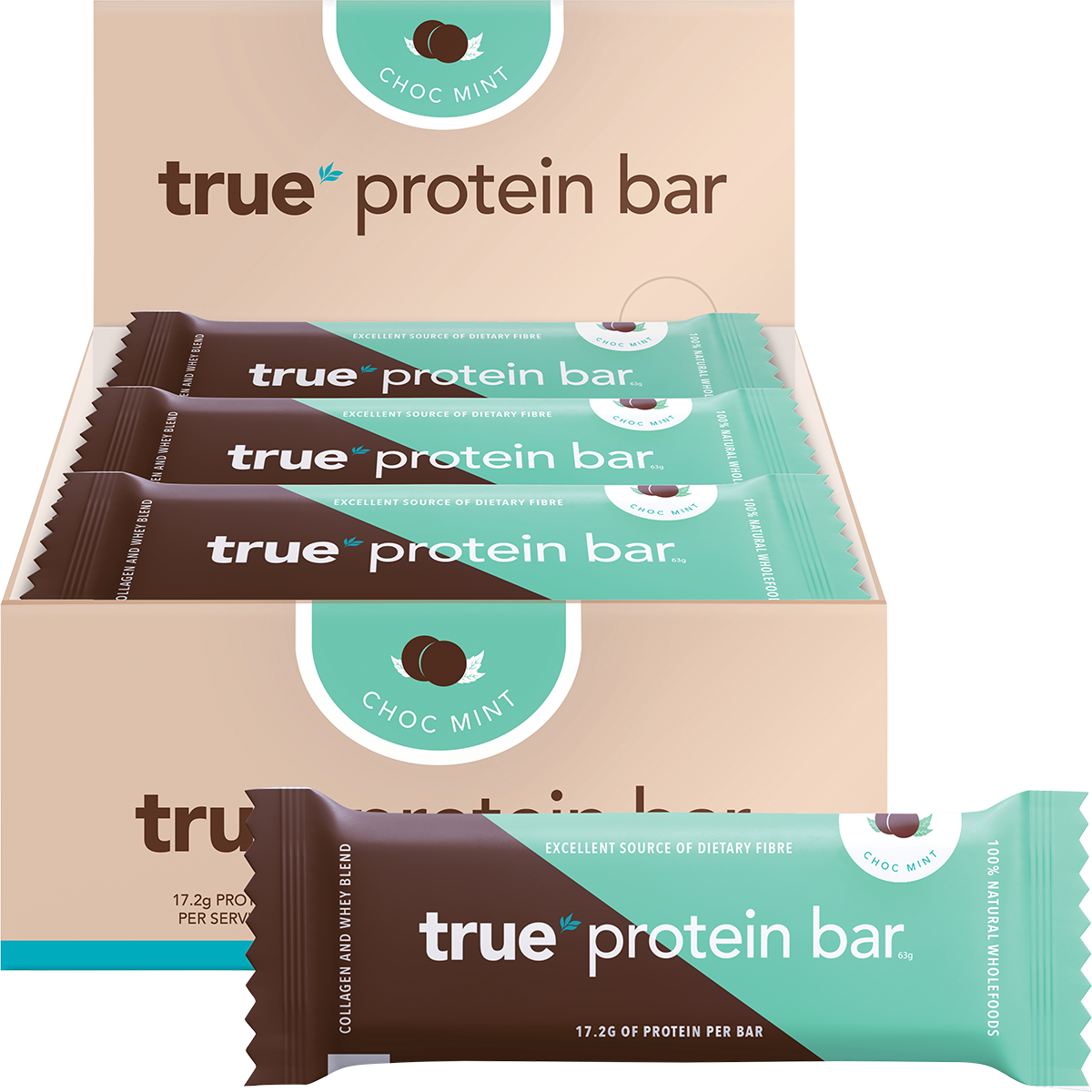 12-pack box and individual True Protein Choc Mint bar shown with mint leaves and chocolate pieces.