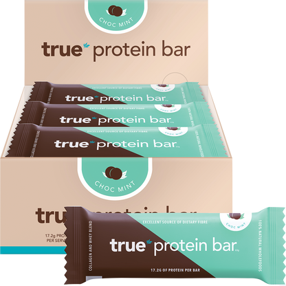12-pack box and individual True Protein Choc Mint bar shown with mint leaves and chocolate pieces.