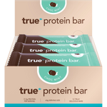 True Protein Choc Mint protein bar 12-pack display box with a single wrapped bar, mint leaves, and chocolate pieces.