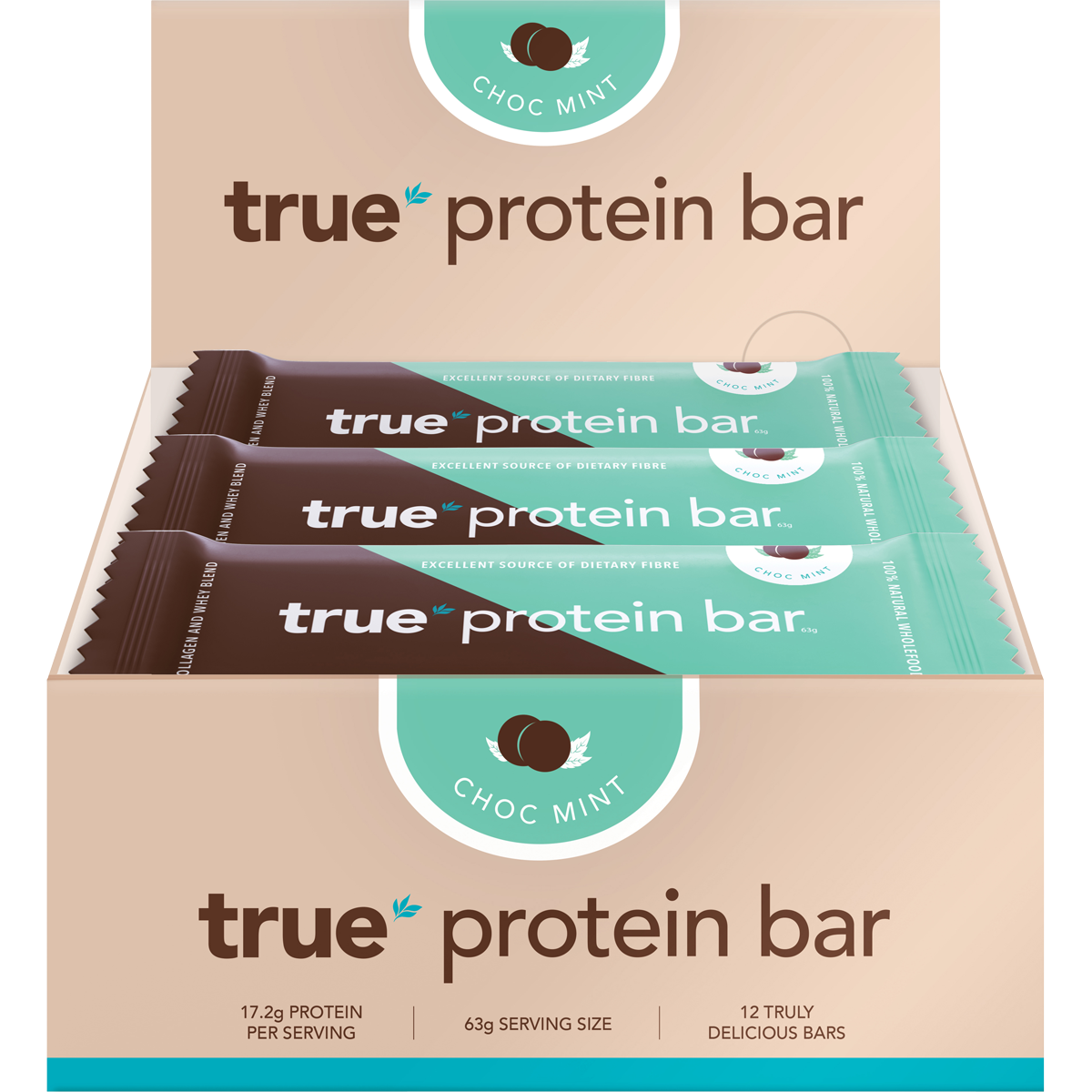 True Protein Choc Mint protein bar 12-pack display box with a single wrapped bar, mint leaves, and chocolate pieces.