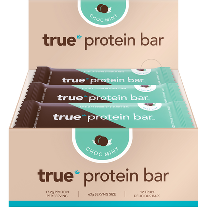 True Protein Choc Mint protein bar 12-pack display box with a single wrapped bar, mint leaves, and chocolate pieces.