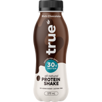 A bottle of true brand Rich Chocolate protein shake, 375 mL, featuring a brown and white design with a black cap, on a solid white background.