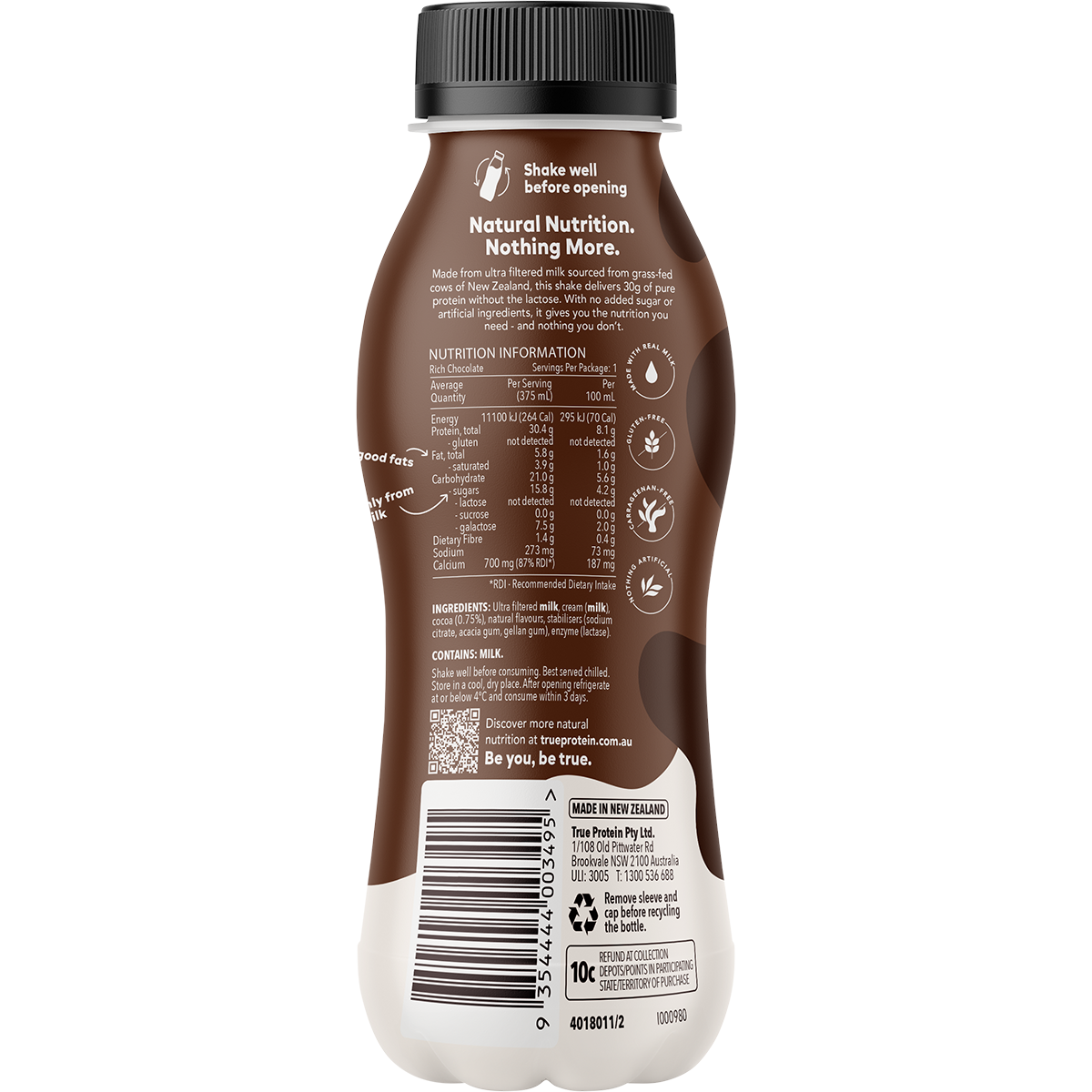 Back view of a 400ml plastic bottle of Grapeseed Milk with a black cap, showing nutrition facts, ingredients, and a barcode on a white background.