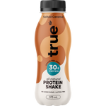 A bottle of true brand protein shake in the Salted Caramel flavor, featuring a black cap and a label with orange, brown, and white abstract shapes, on a solid white background.