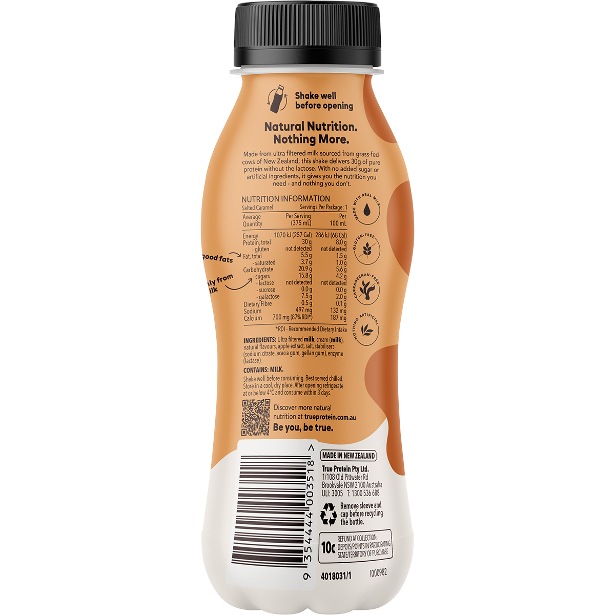 Back view of a 240ml bottle of Veggie Juice with a black cap, showing nutrition facts, ingredients, QR code, and Australian origin details on a white background.