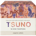 Box of 16 Tsuno organic cotton mini tampons featuring colorful patterned artwork on the packaging.