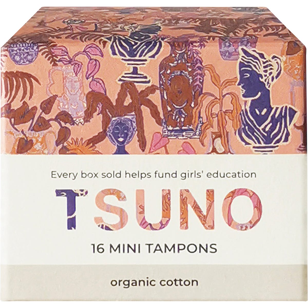 Box of 16 Tsuno organic cotton mini tampons featuring colorful patterned artwork on the packaging.