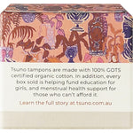 Back of Tsuno organic cotton mini tampons box with usage instructions, absorbency guide, and brand mission.