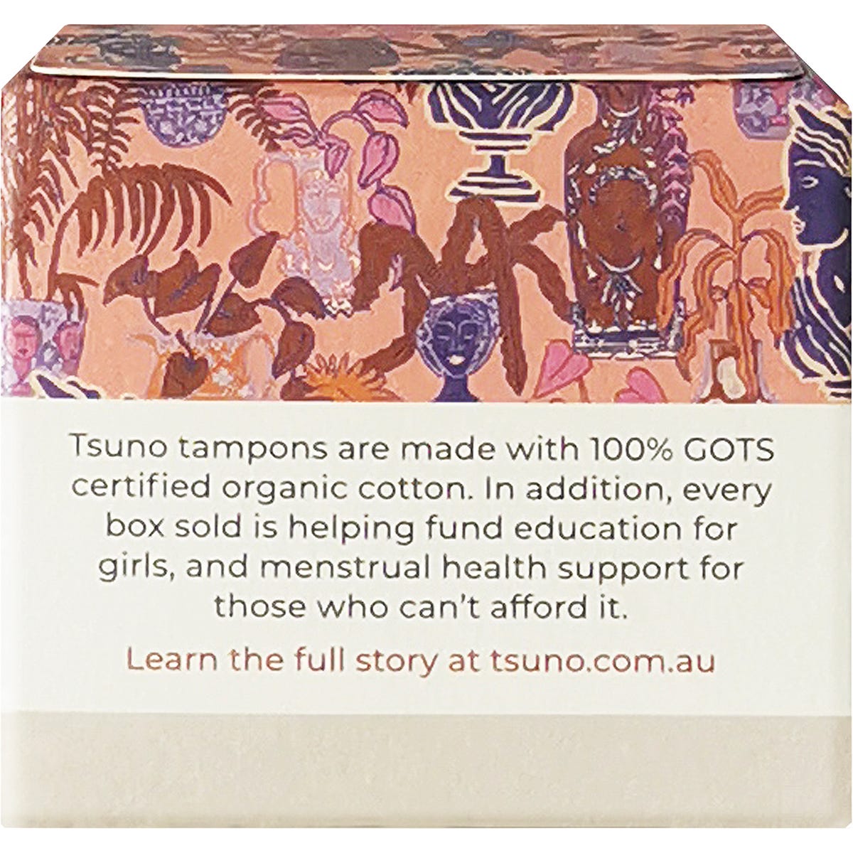 Back of Tsuno organic cotton mini tampons box with usage instructions, absorbency guide, and brand mission.