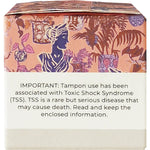 Side view of a Tsuno Organic Cotton Mini Tampons box highlighting 100% organic cotton and GOTS certification.