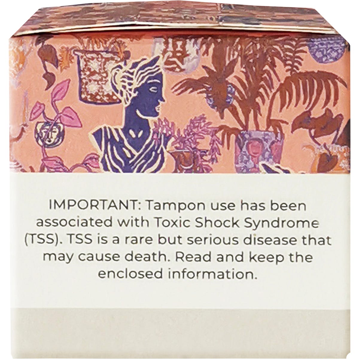 Side view of a Tsuno Organic Cotton Mini Tampons box highlighting 100% organic cotton and GOTS certification.