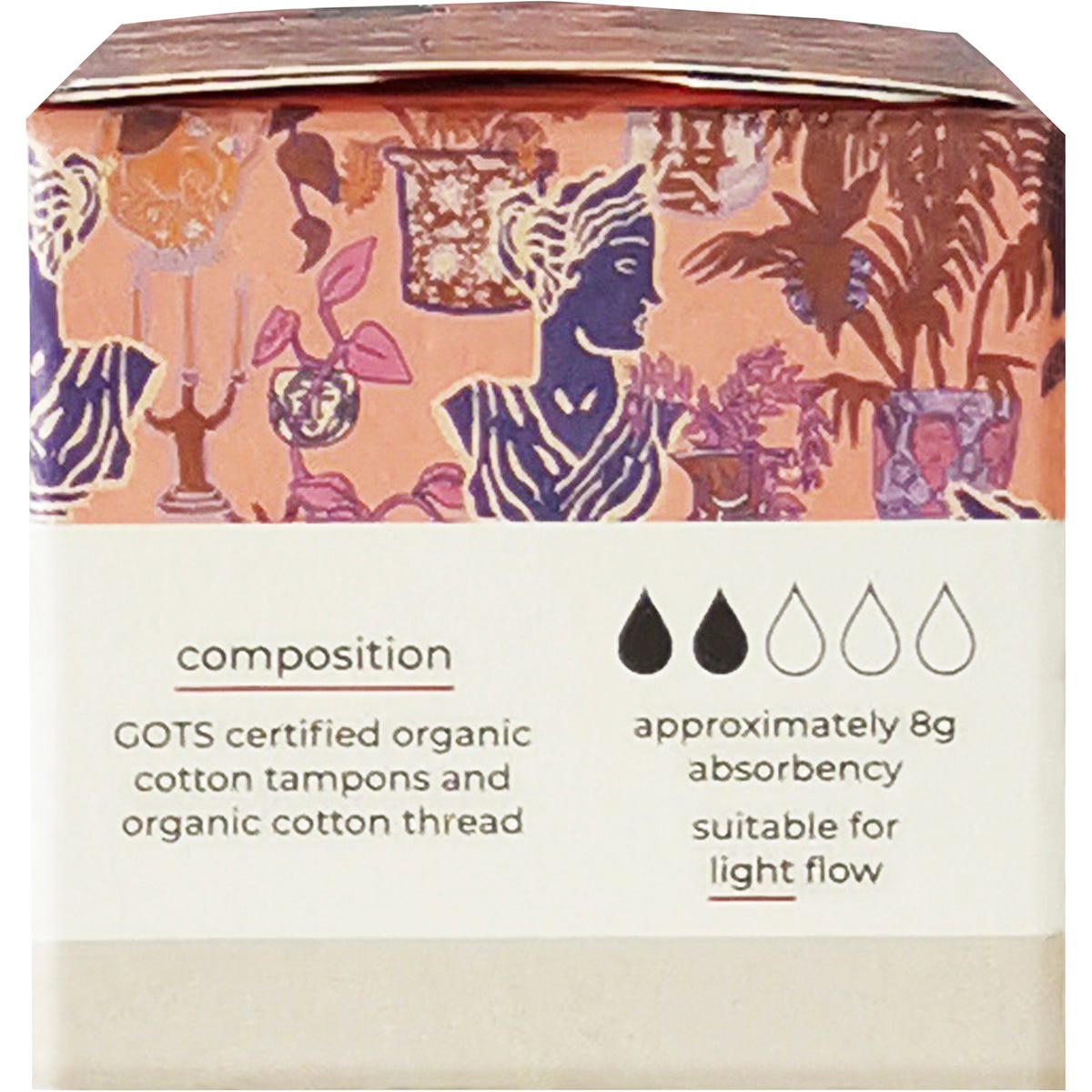 Right side of a Tsuno Organic Cotton Mini Tampons box showing product features and charity partnership information.