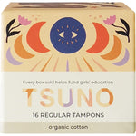 Box of 16 Tsuno regular tampons made from 100% organic cotton, featuring colorful botanical artwork.