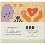 Side view of a Tsuno Regular Tampons box highlighting its 100% organic cotton and GOTS certification.
