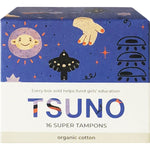 Tsuno 16-pack of super organic cotton tampons in a colorful geometric patterned box on a white background.