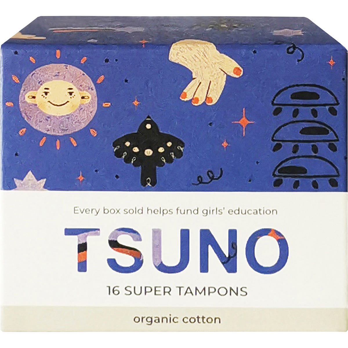 Tsuno 16-pack of super organic cotton tampons in a colorful geometric patterned box on a white background.